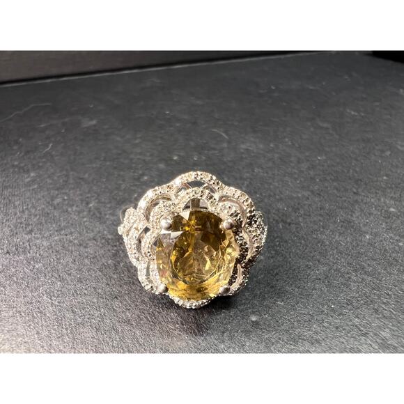 Citrine & Diamond Sterling Silver Scalloped Halo Ring Size 9 - Picture 4 of 16